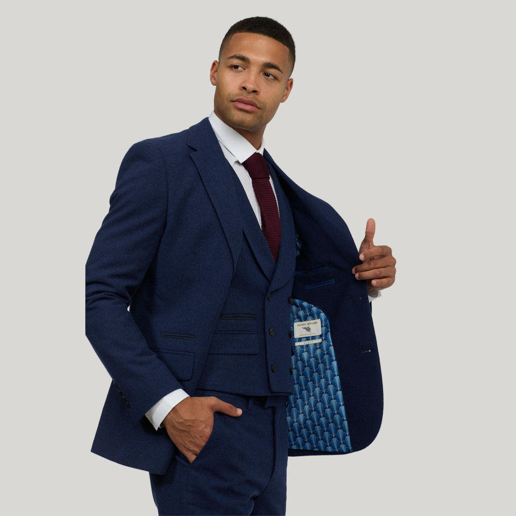 Eton Wool Tweed Three Piece Slim Fit Suit in Navy RRP £299
