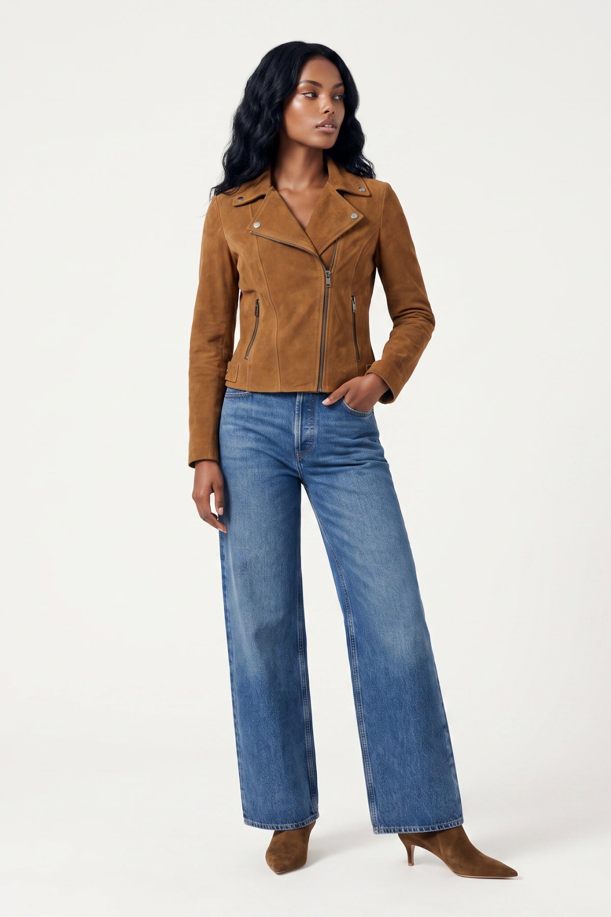 Lux Calf Suede Leather Biker Jacket in Cognac RRP £489