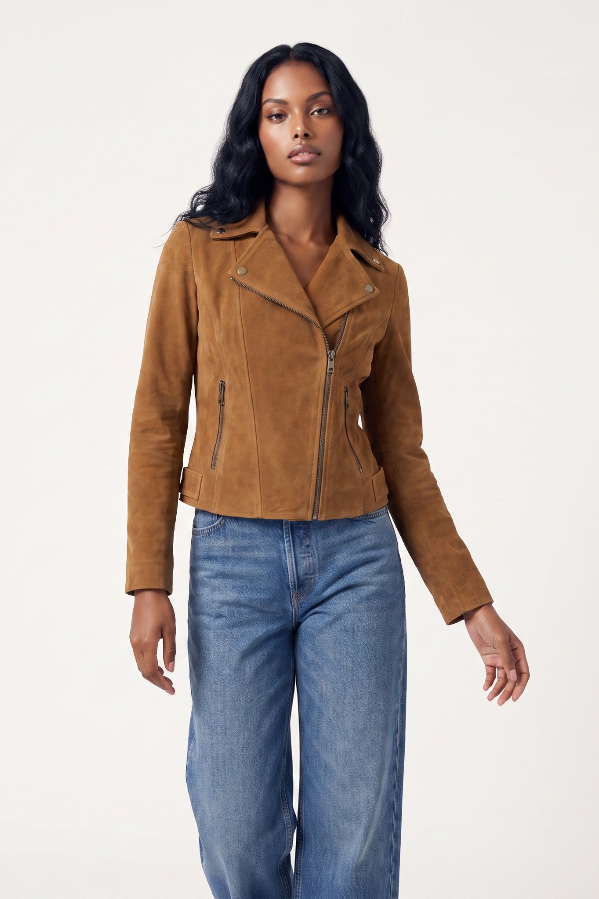 Lux Calf Suede Leather Biker Jacket in Cognac RRP £489