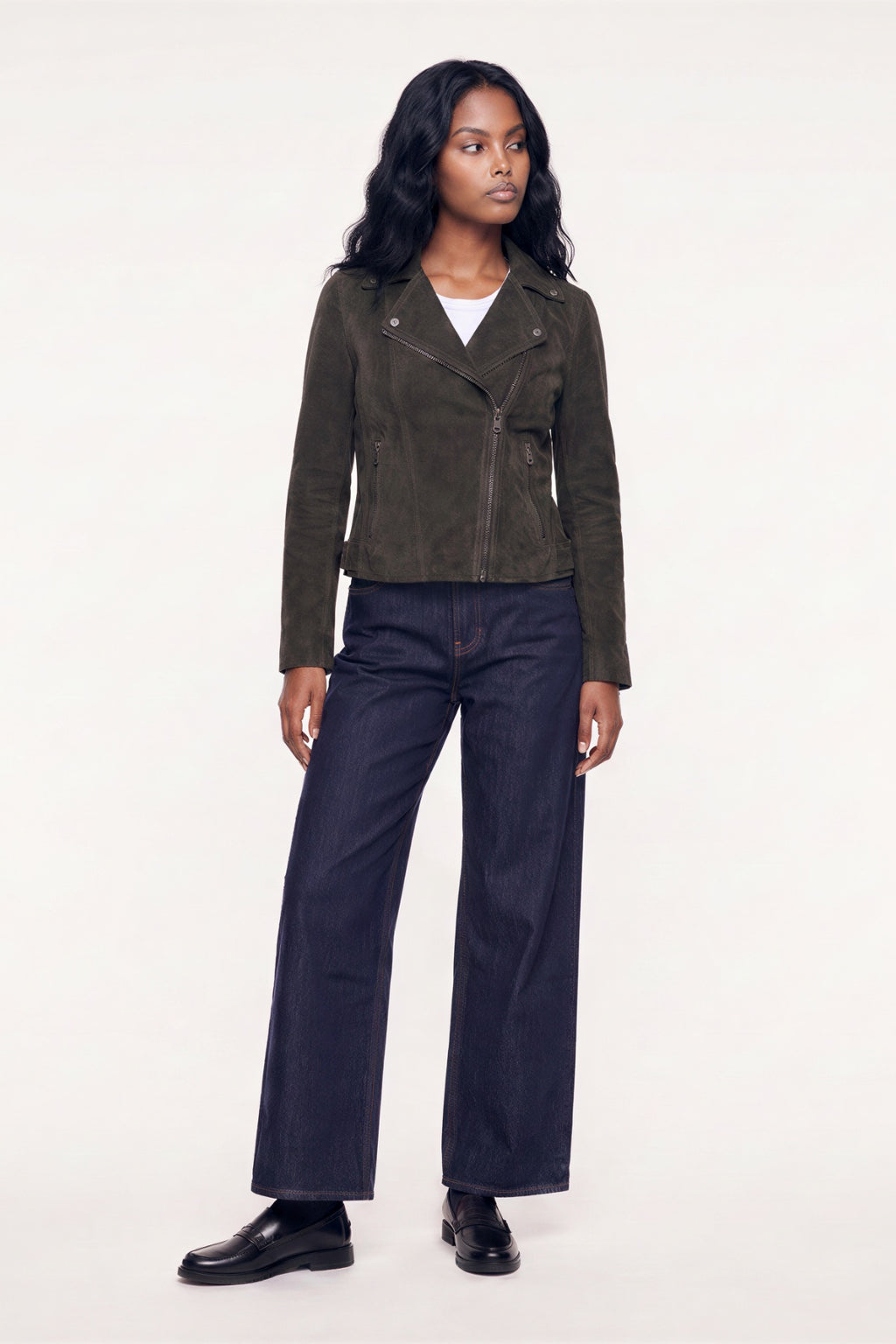 Lux Calf Suede Leather Biker Jacket in Olive RRP £489