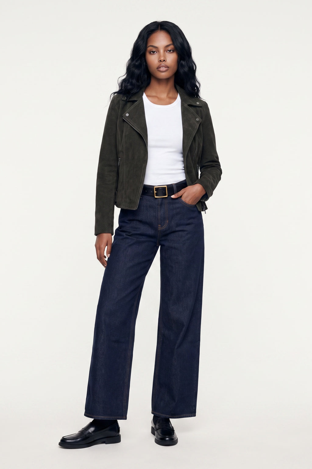 Lux Calf Suede Leather Biker Jacket in Olive RRP £489