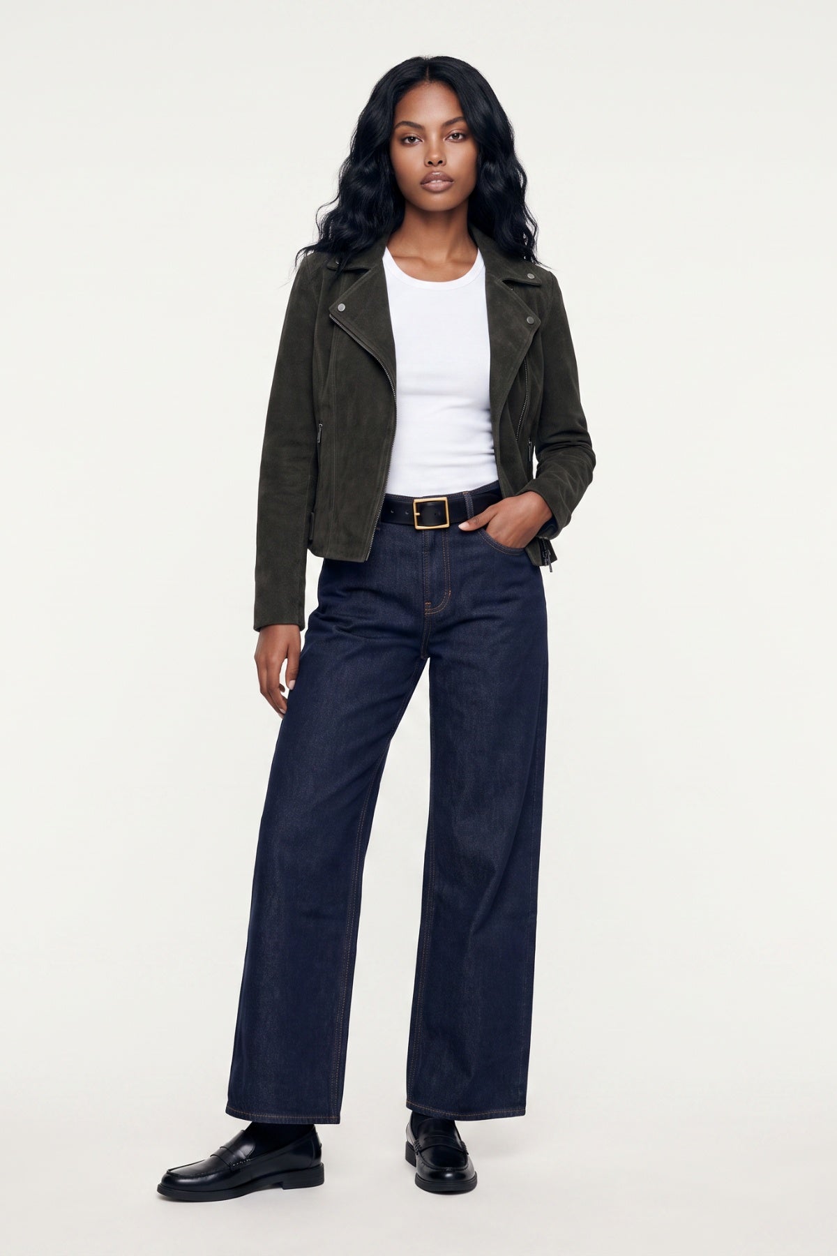 Lux Calf Suede Leather Biker Jacket in Olive RRP £489