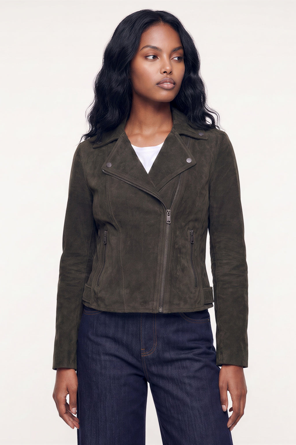 Lux Calf Suede Leather Biker Jacket in Olive RRP £489