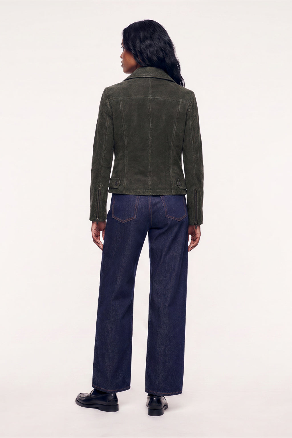 Lux Calf Suede Leather Biker Jacket in Olive RRP £489