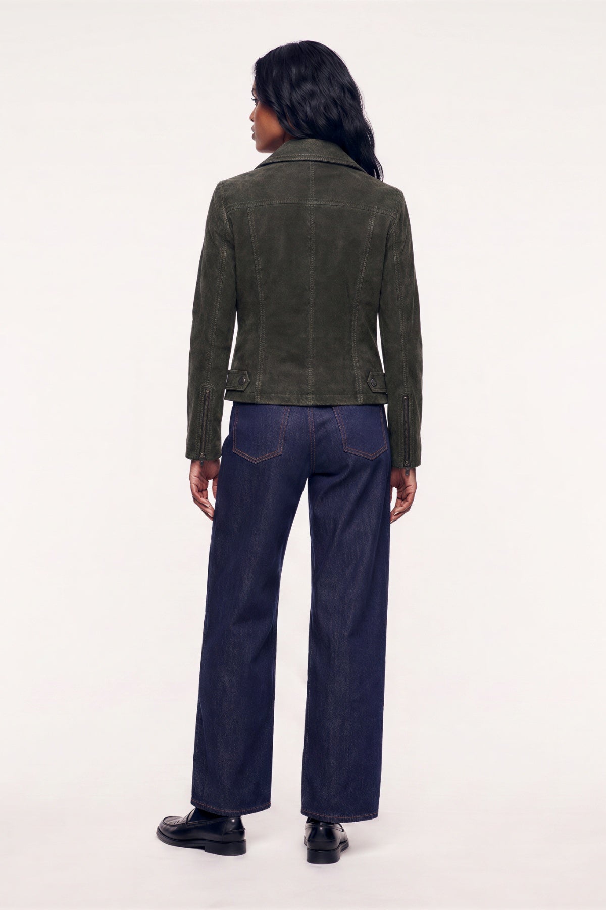 Lux Calf Suede Leather Biker Jacket in Olive RRP £489