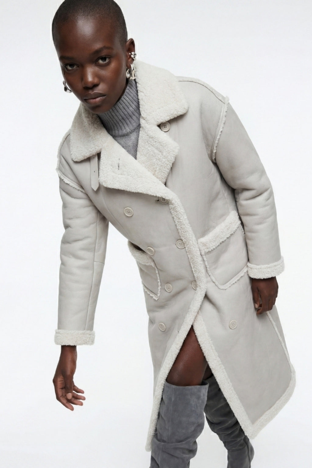 Elle Morgan Double-Breasted Faux-Shearling Coat Grey RRP £379