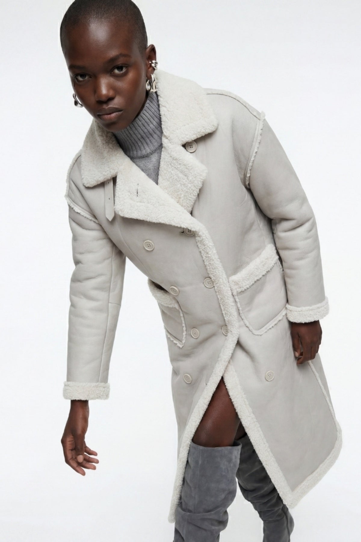 Elle Morgan Double-Breasted Faux-Shearling Coat Grey RRP £379