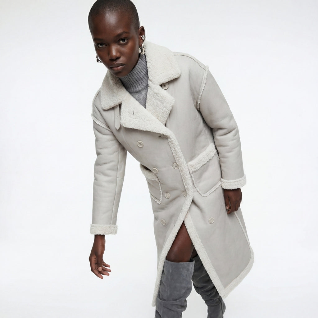 Elle Morgan Double-Breasted Faux-Shearling Coat Grey RRP £379