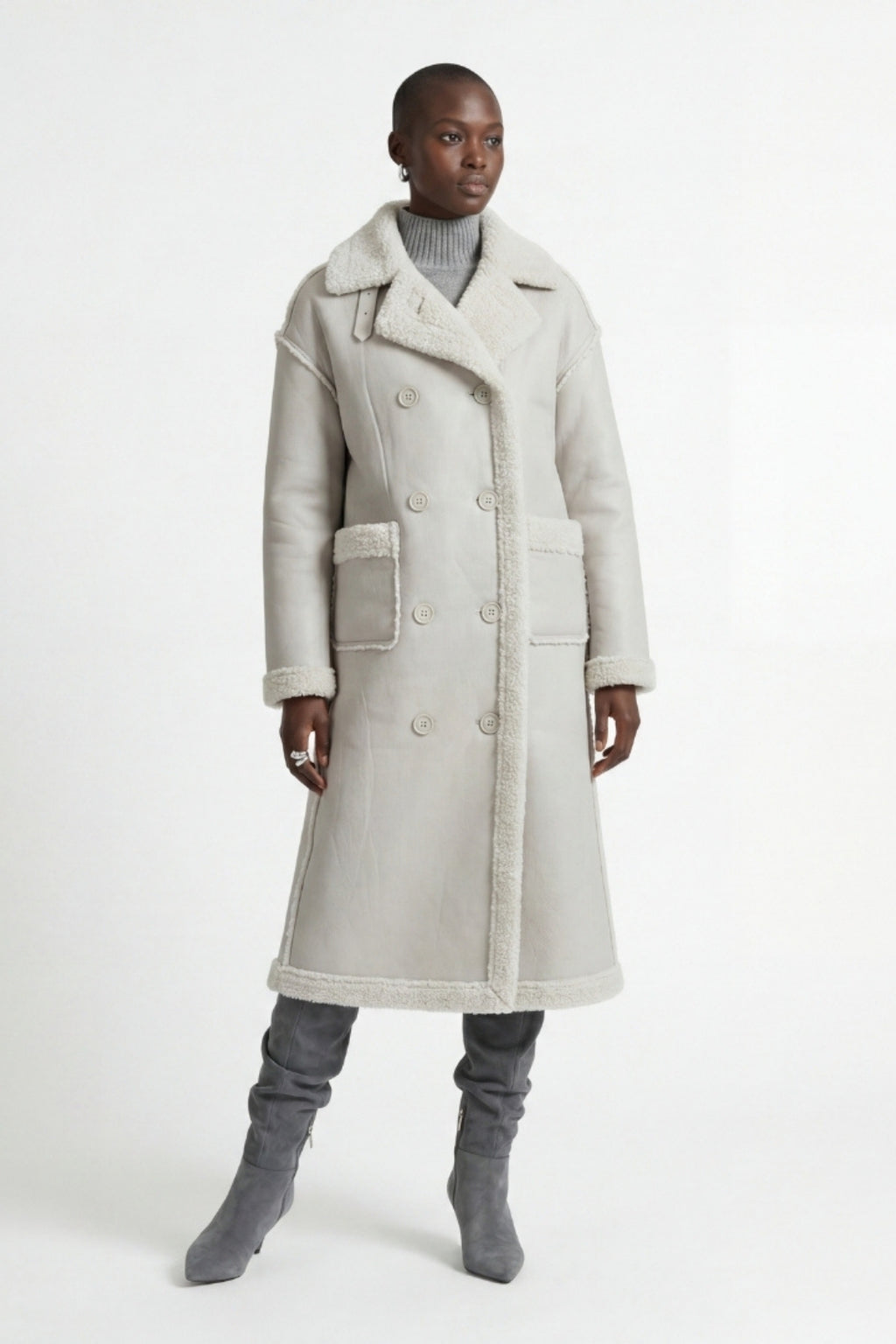 Elle Morgan Double-Breasted Faux-Shearling Coat Grey RRP £379