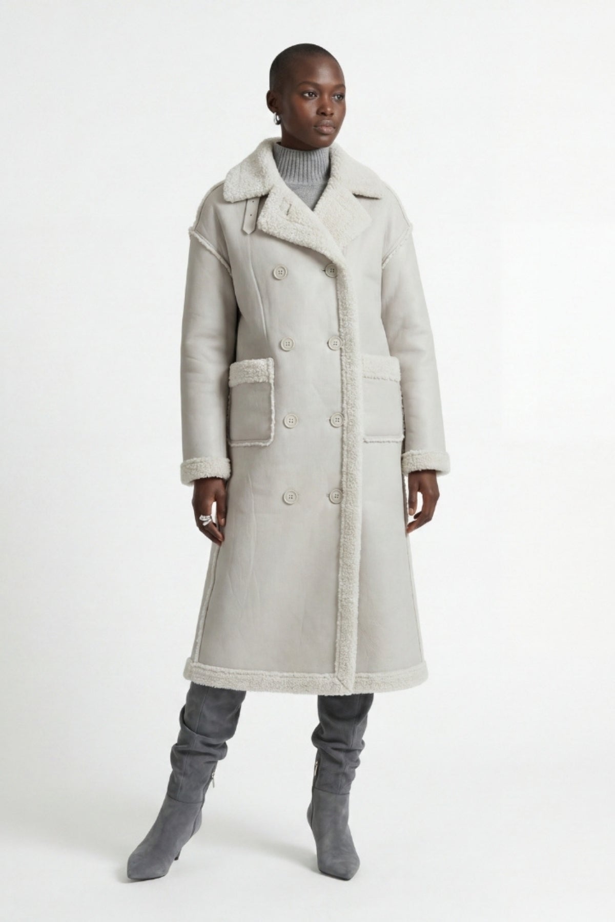 Elle Morgan Double-Breasted Faux-Shearling Coat Grey RRP £379