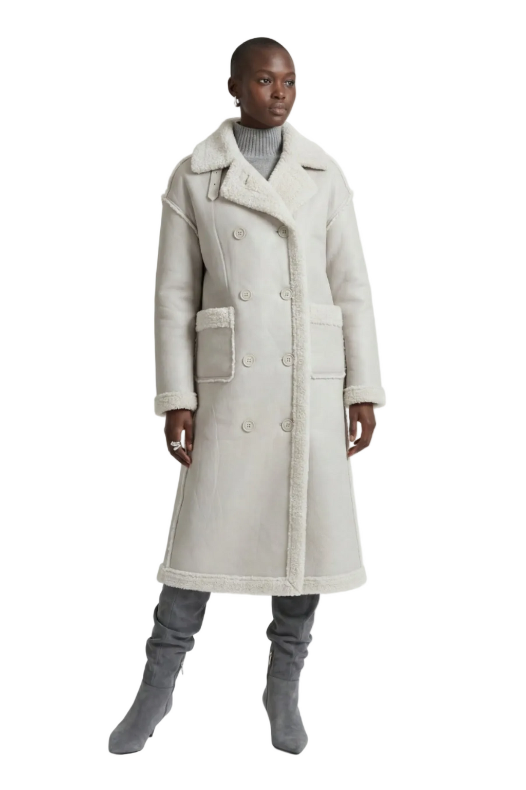 Elle Morgan Double-Breasted Faux-Shearling Coat Grey RRP £379