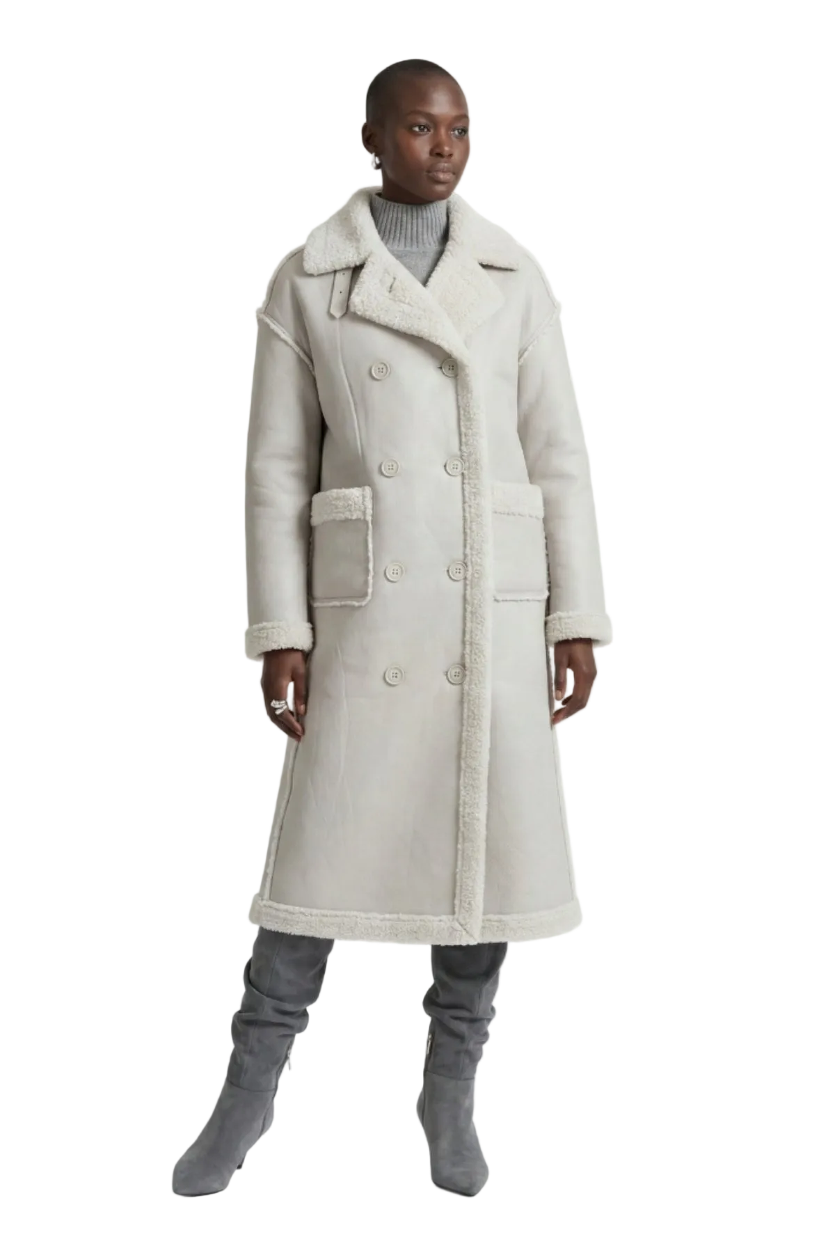 Elle Morgan Double-Breasted Faux-Shearling Coat Grey RRP £379