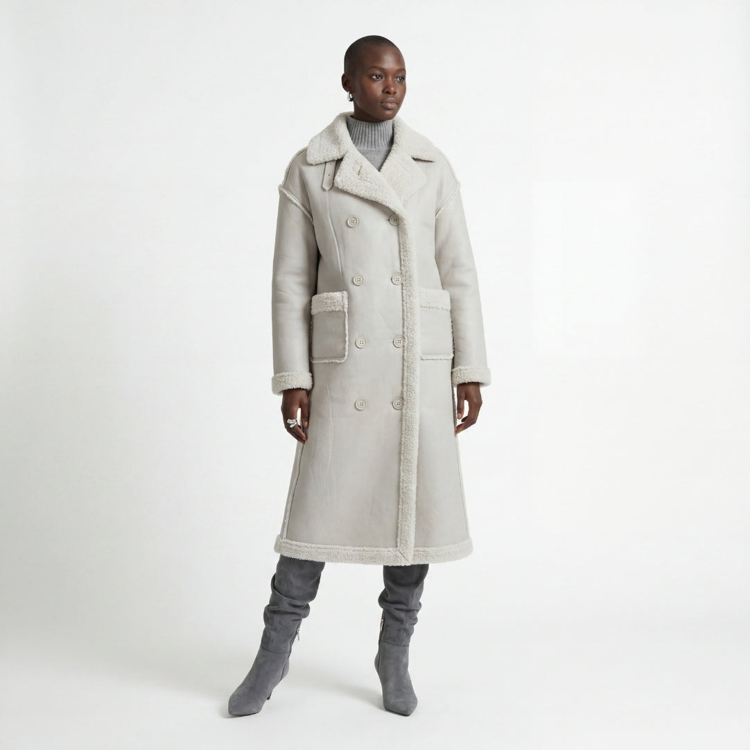 Elle Morgan Double-Breasted Faux-Shearling Coat Grey RRP £379