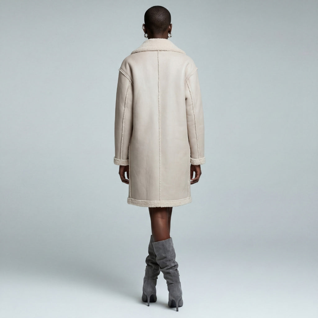 Elle Morgan Double-Breasted Faux-Shearling Coat Grey RRP £379