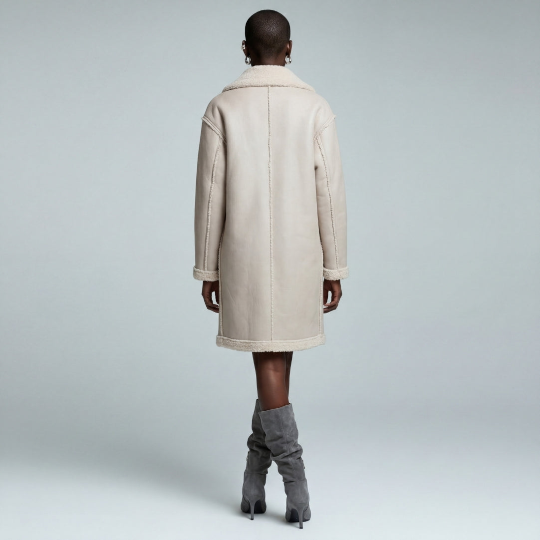 Elle Morgan Double-Breasted Faux-Shearling Coat Grey RRP £379