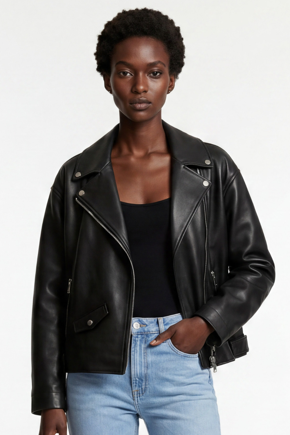 Leather Biker Jacket in Black RRP £259