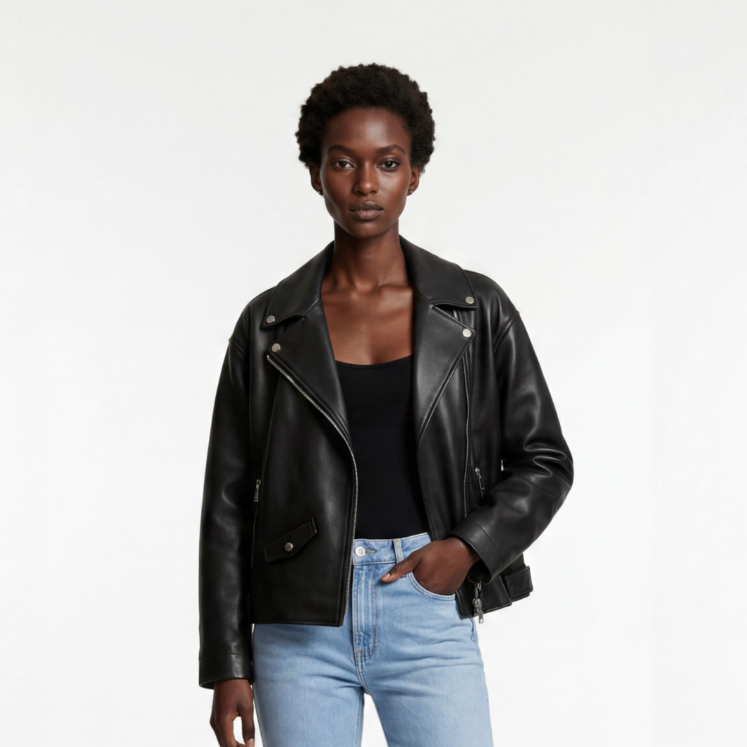 Leather Biker Jacket in Black RRP £259