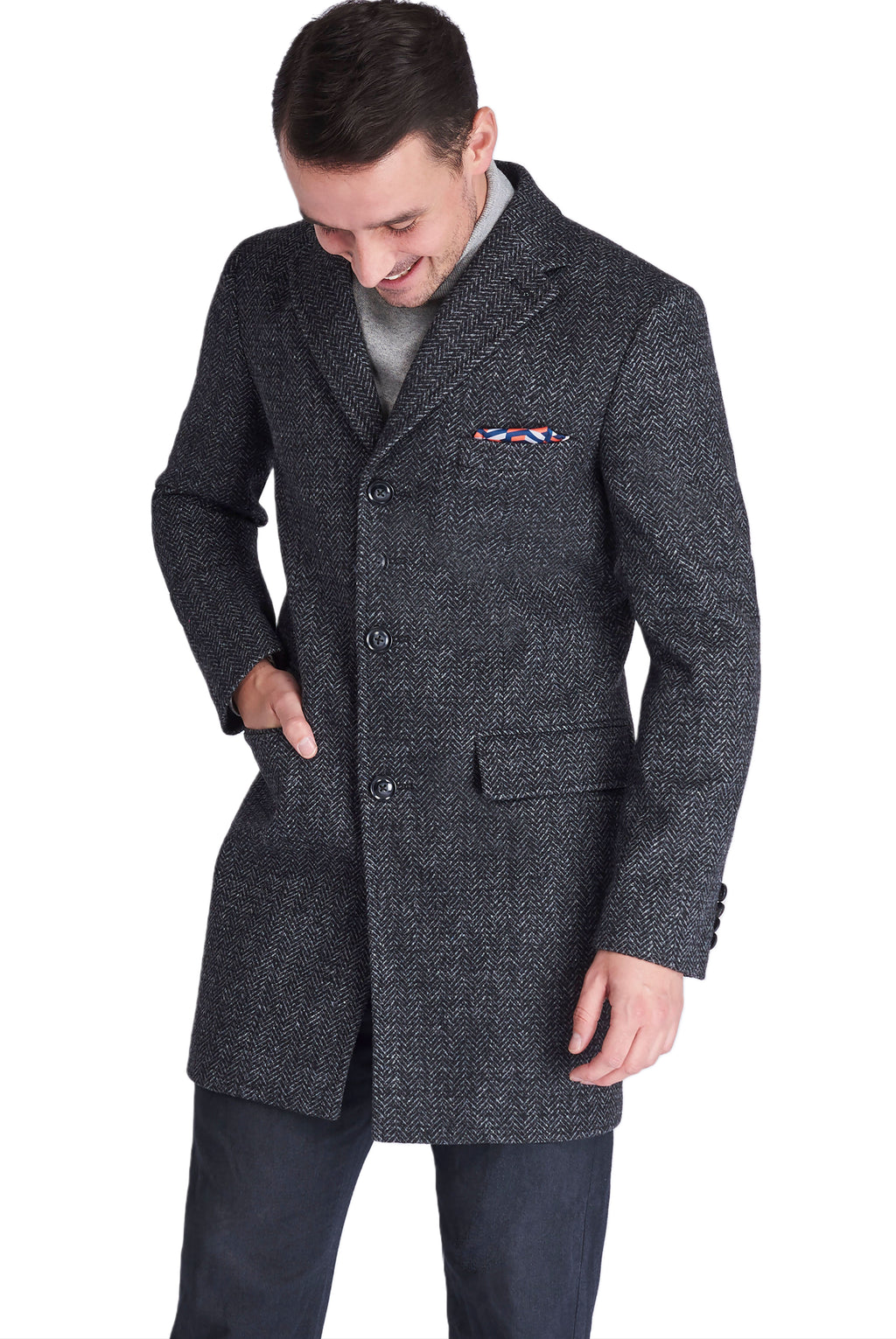 LANDON Single Breasted Grey Herringbone Coat RRP £135