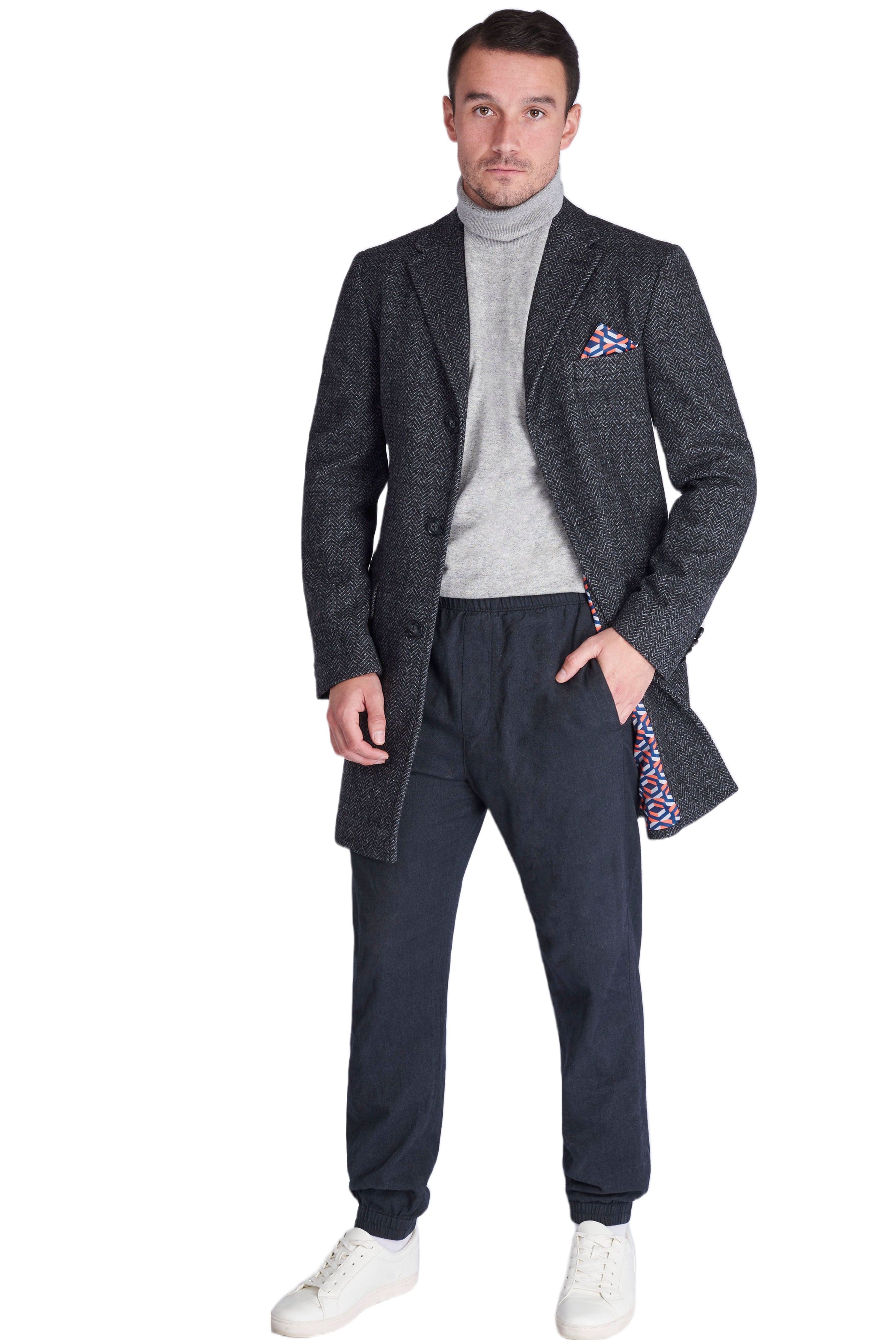 LANDON Single Breasted Grey Herringbone Coat RRP £135