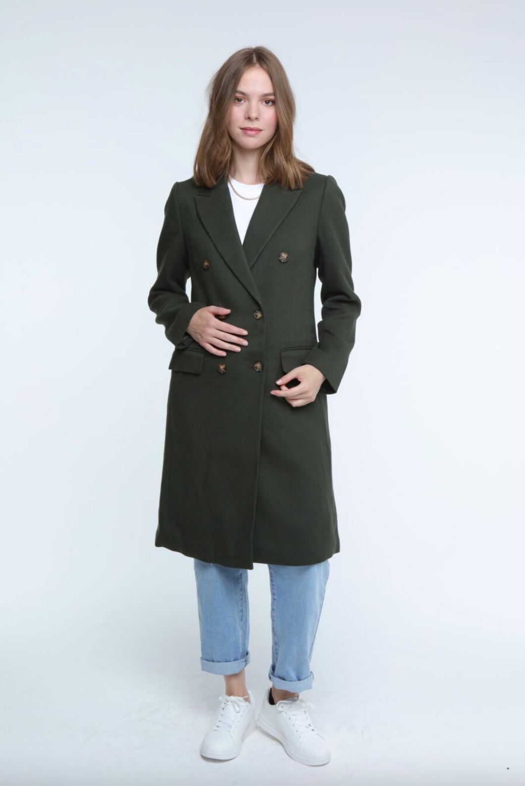 Elle Double Breasted Long  Coat in Green RRP £179