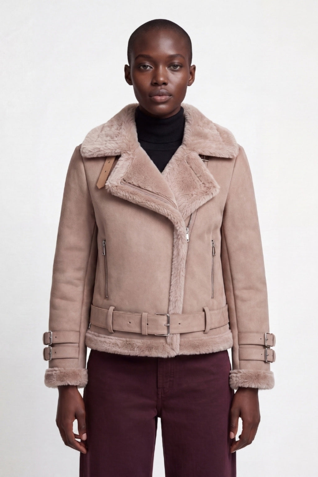 Elle Paige Faux-Shearling Biker Jacket Pale Pink Grey RRP £289