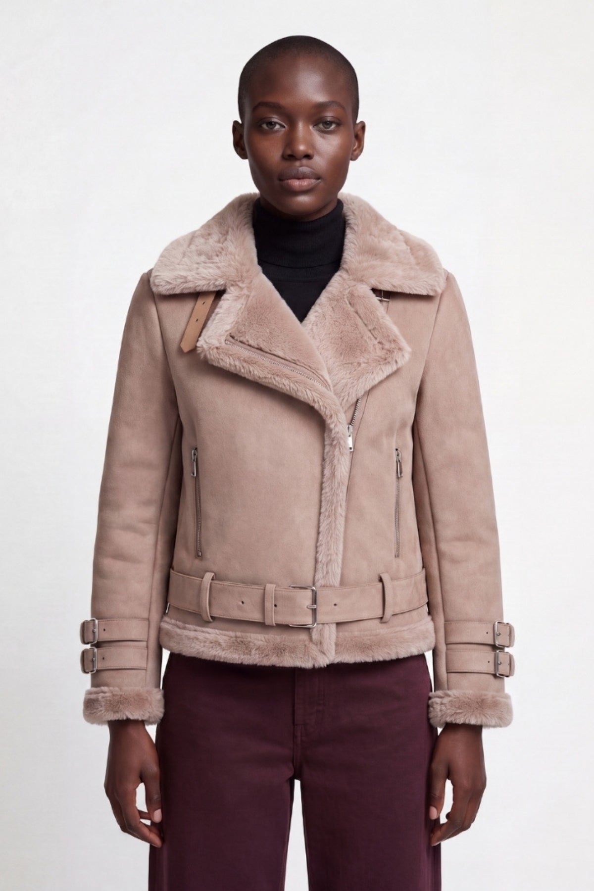Elle Paige Faux-Shearling Biker Jacket Pale Pink Grey RRP £289