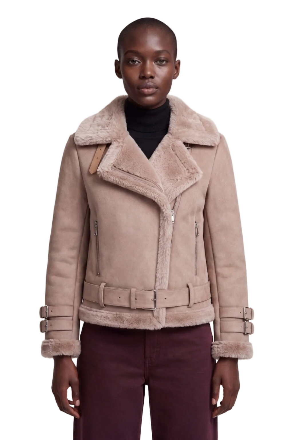 Elle Paige Faux-Shearling Biker Jacket Pale Pink Grey RRP £289