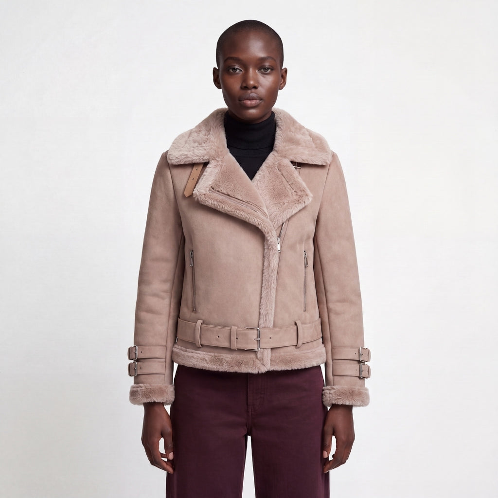 Elle Paige Faux-Shearling Biker Jacket Pale Pink Grey RRP £289