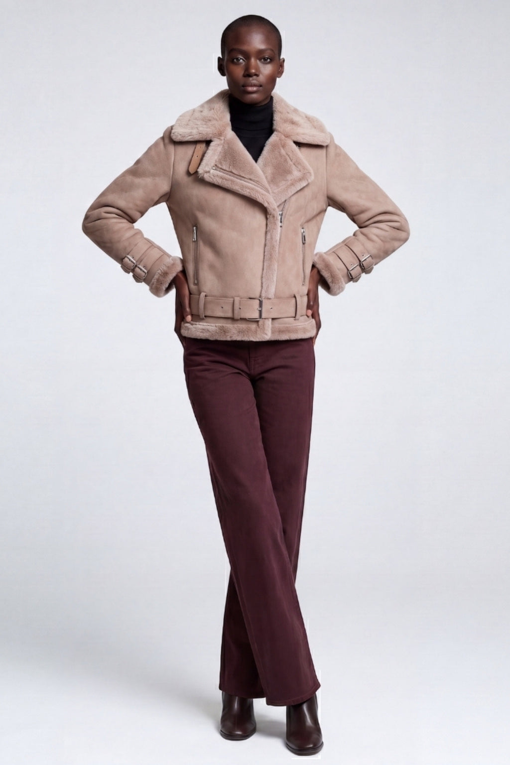 Elle Paige Faux-Shearling Biker Jacket Pale Pink Grey RRP £289