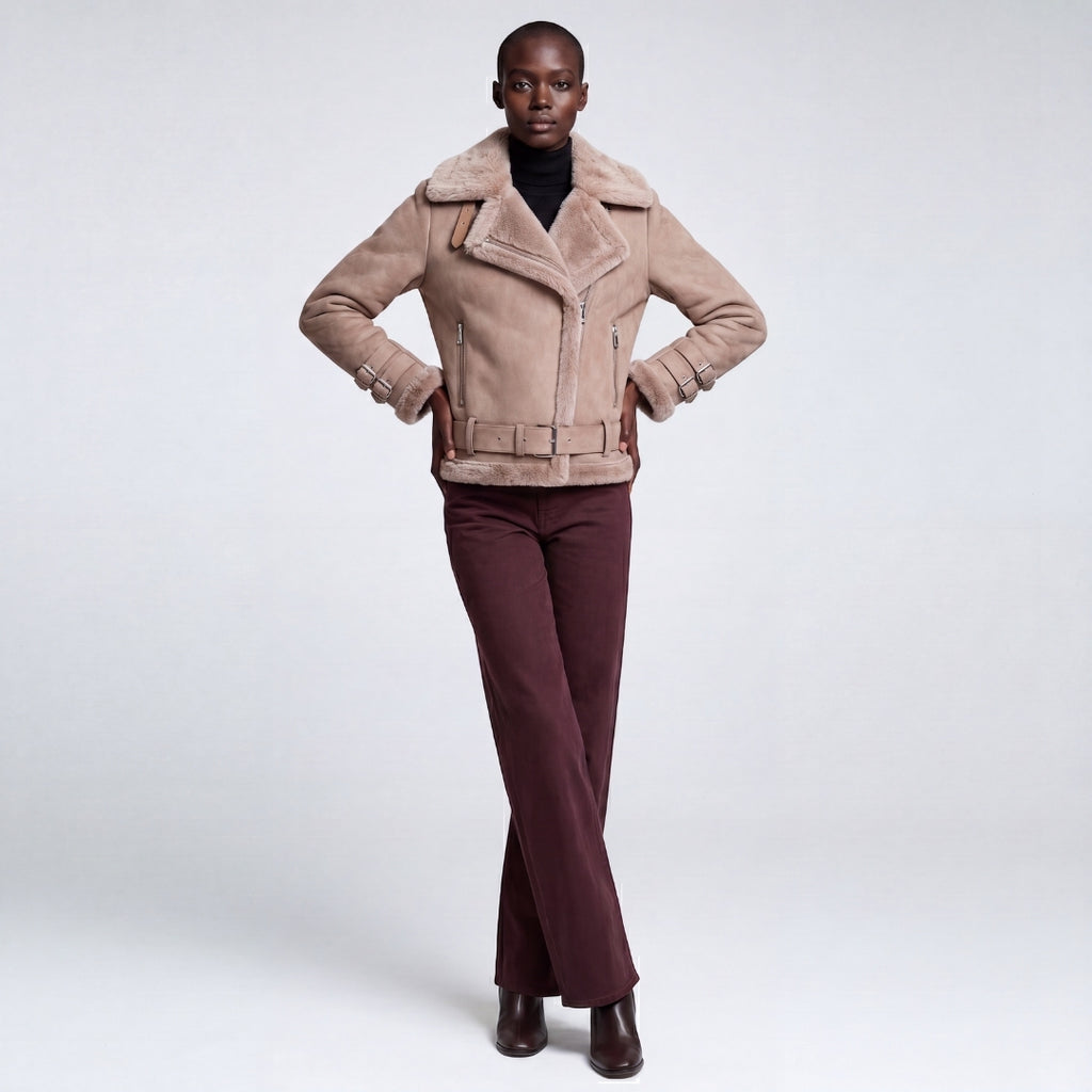 Elle Paige Faux-Shearling Biker Jacket Pale Pink Grey RRP £289