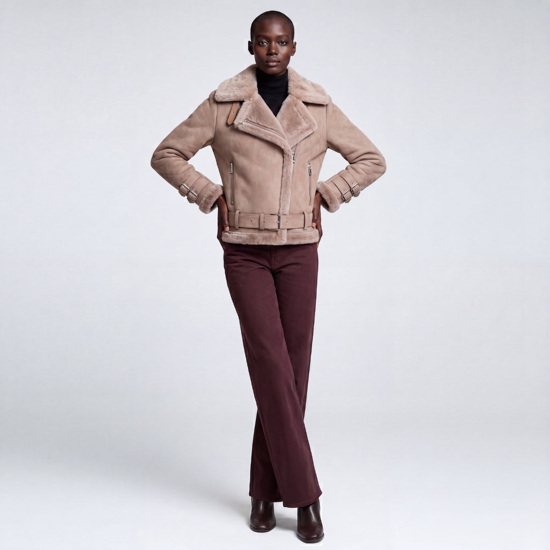 Elle Paige Faux-Shearling Biker Jacket Pale Pink Grey RRP £289
