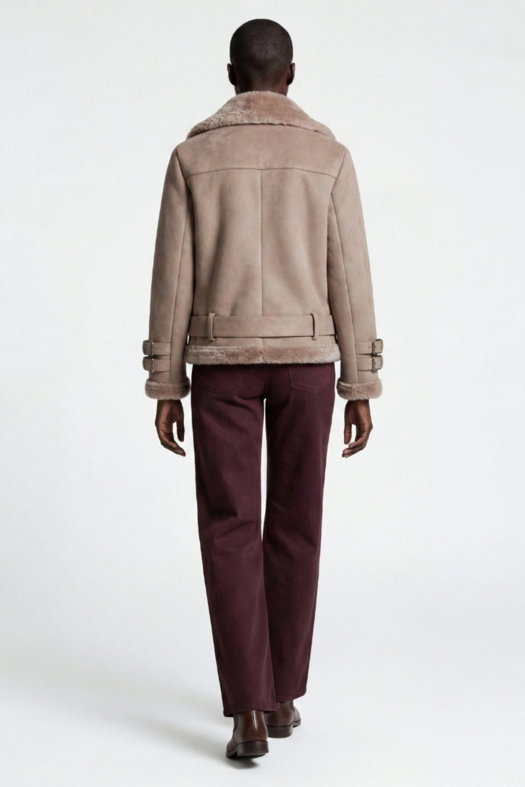 Elle Paige Faux-Shearling Biker Jacket Pale Pink Grey RRP £289