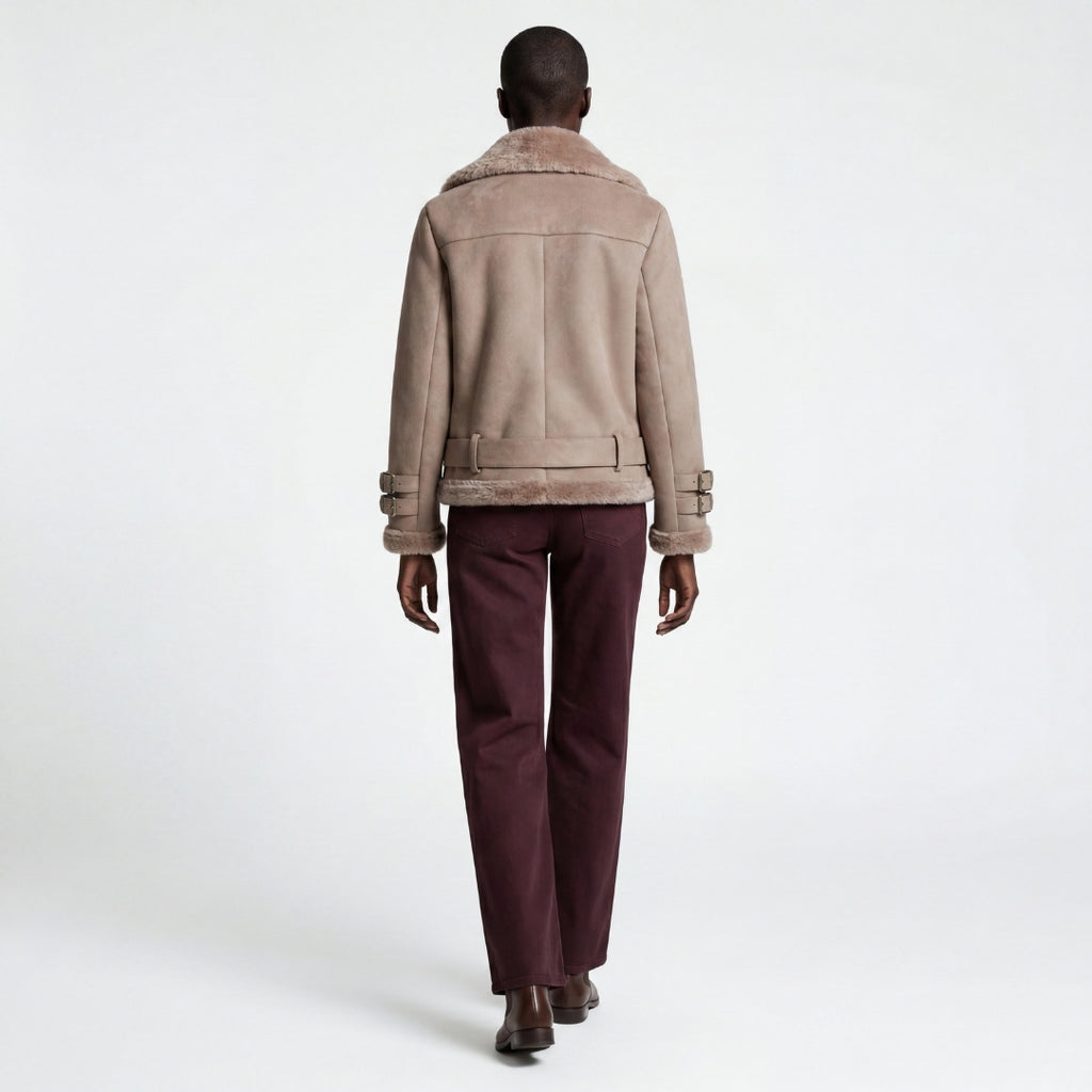 Elle Paige Faux-Shearling Biker Jacket Pale Pink Grey RRP £289
