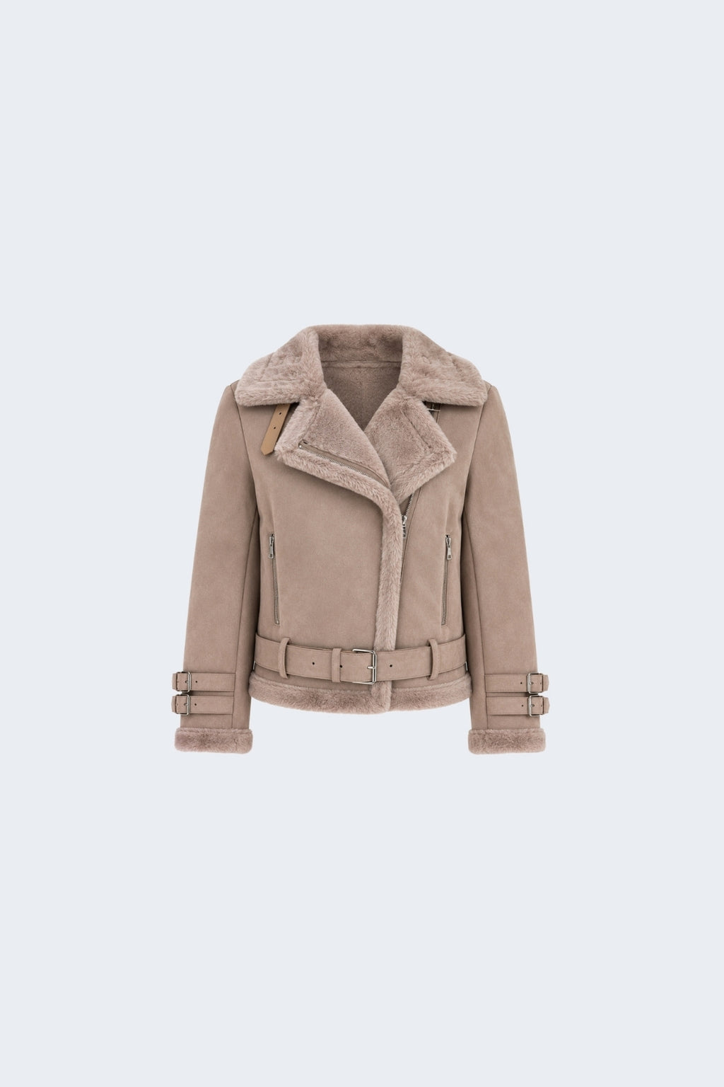 Elle Paige Faux-Shearling Biker Jacket Pale Pink Grey RRP £289