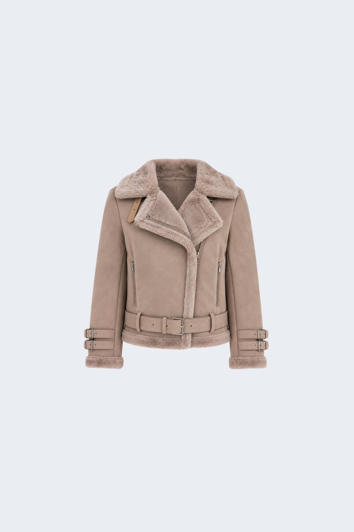 Elle Paige Faux-Shearling Biker Jacket Pale Pink Grey RRP £289