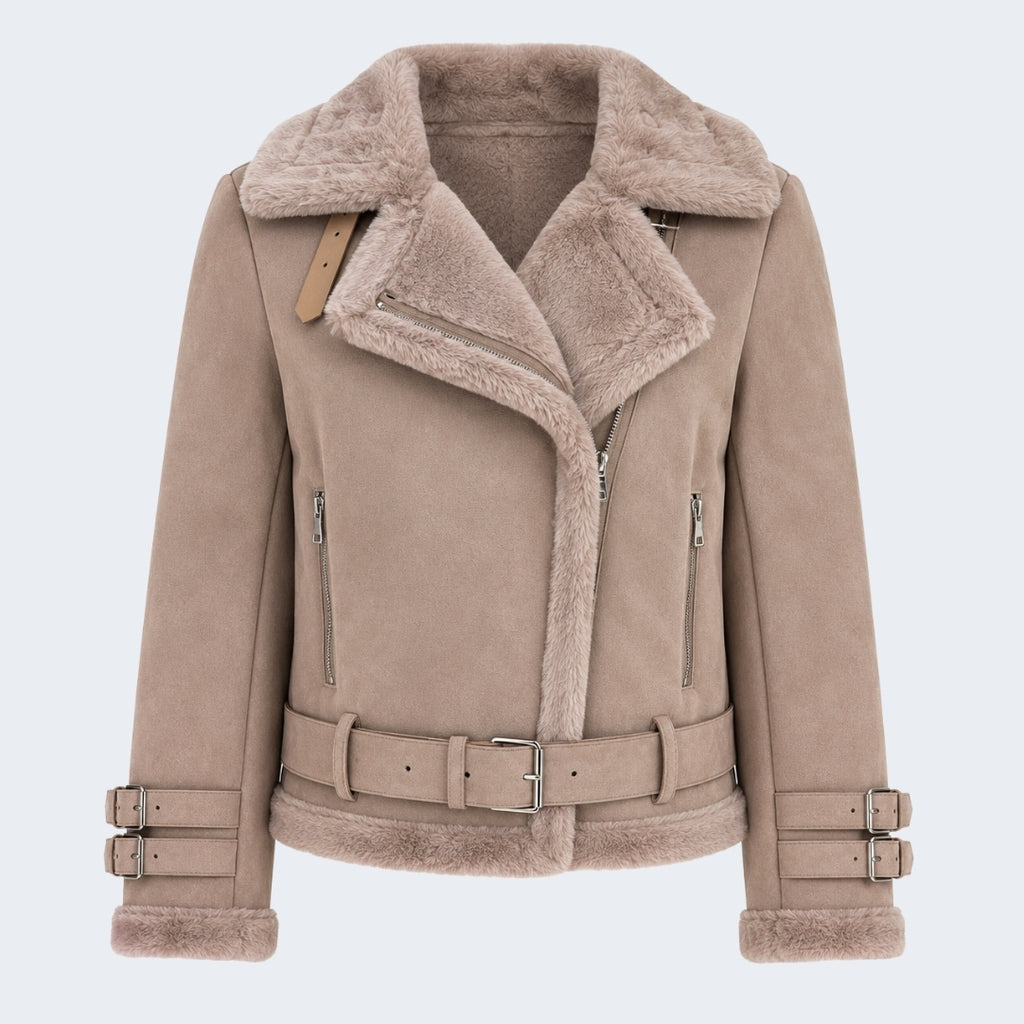 Elle Paige Faux-Shearling Biker Jacket Pale Pink Grey RRP £289
