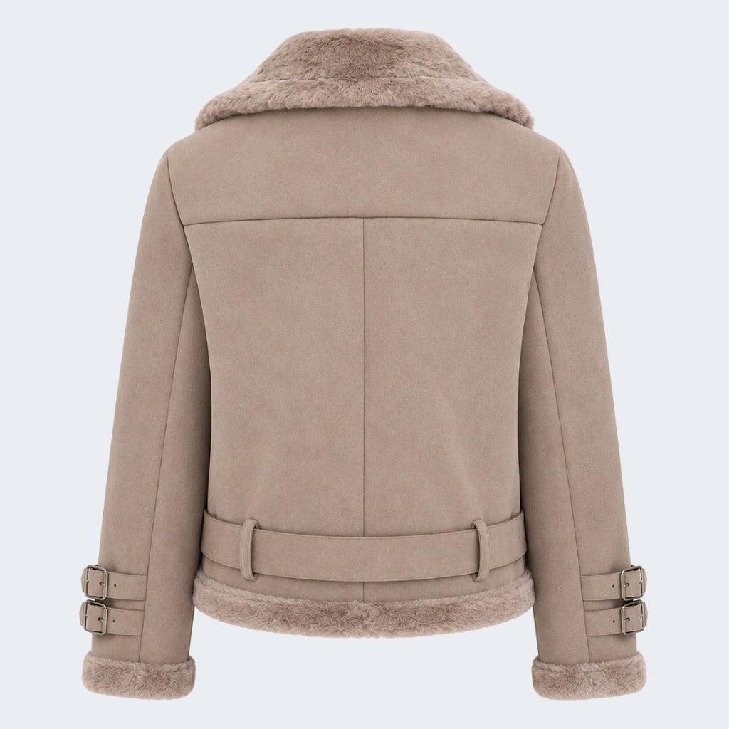 Elle Paige Faux-Shearling Biker Jacket Pale Pink Grey RRP £289