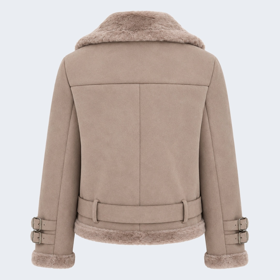 Elle Paige Faux-Shearling Biker Jacket Pale Pink Grey RRP £289
