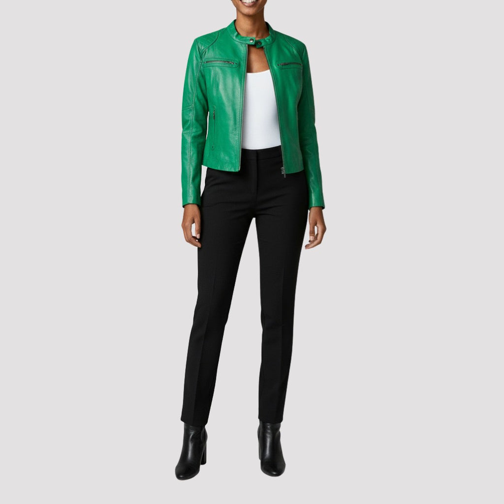 Pelle D’annata Ladies Real Leather Biker Jacket in Cool Green RRP £279