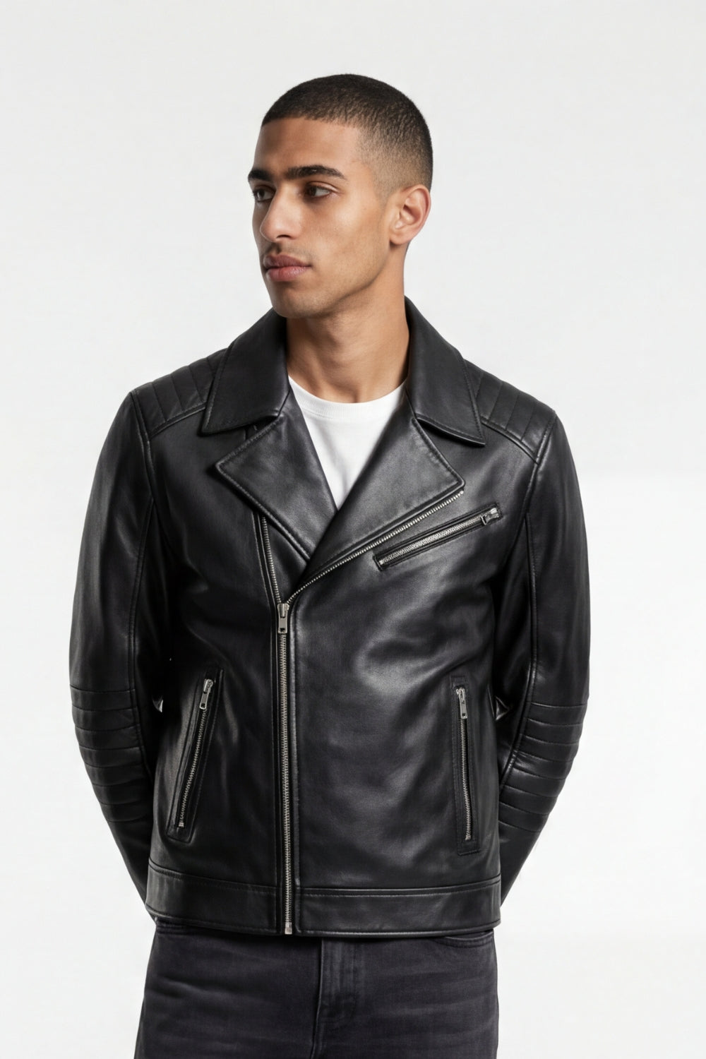 Leather Biker Jacket in Black RRP £269