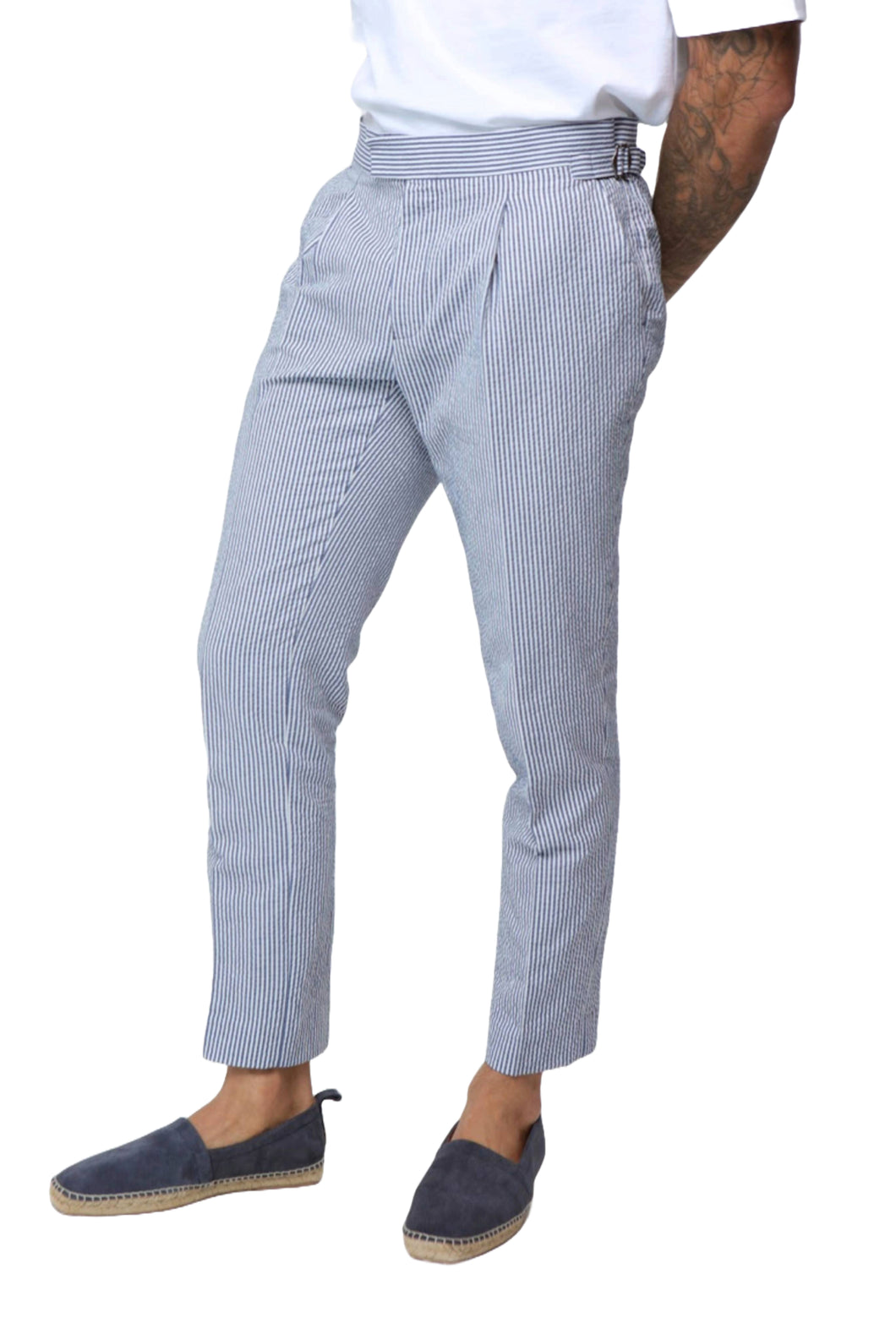 Deakin Cotton Linen Seersucker Trouser Blue Stripe RRP £89