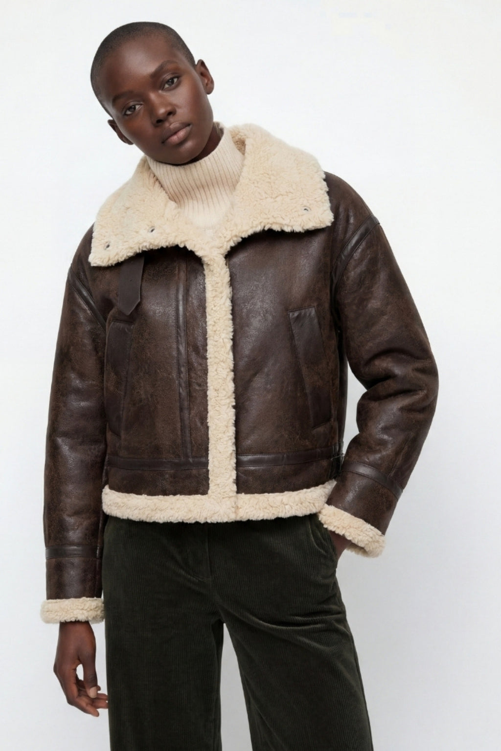 Elle Sydney Cropped Faux-Shearling Aviator Jacket Brown RRP £239