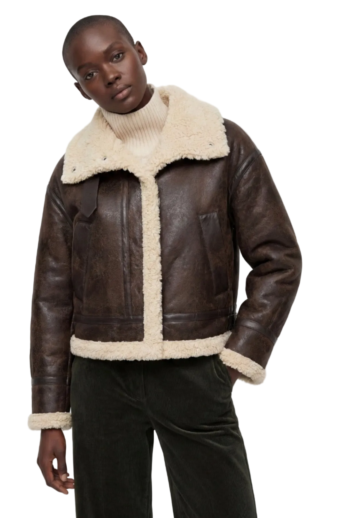 Elle Sydney Cropped Faux-Shearling Aviator Jacket Brown RRP £239