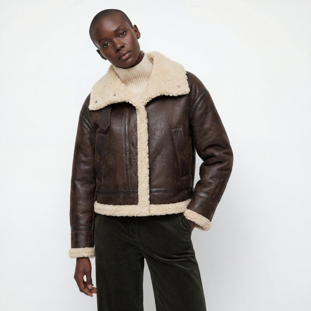 Elle Sydney Cropped Faux-Shearling Aviator Jacket Brown RRP £239