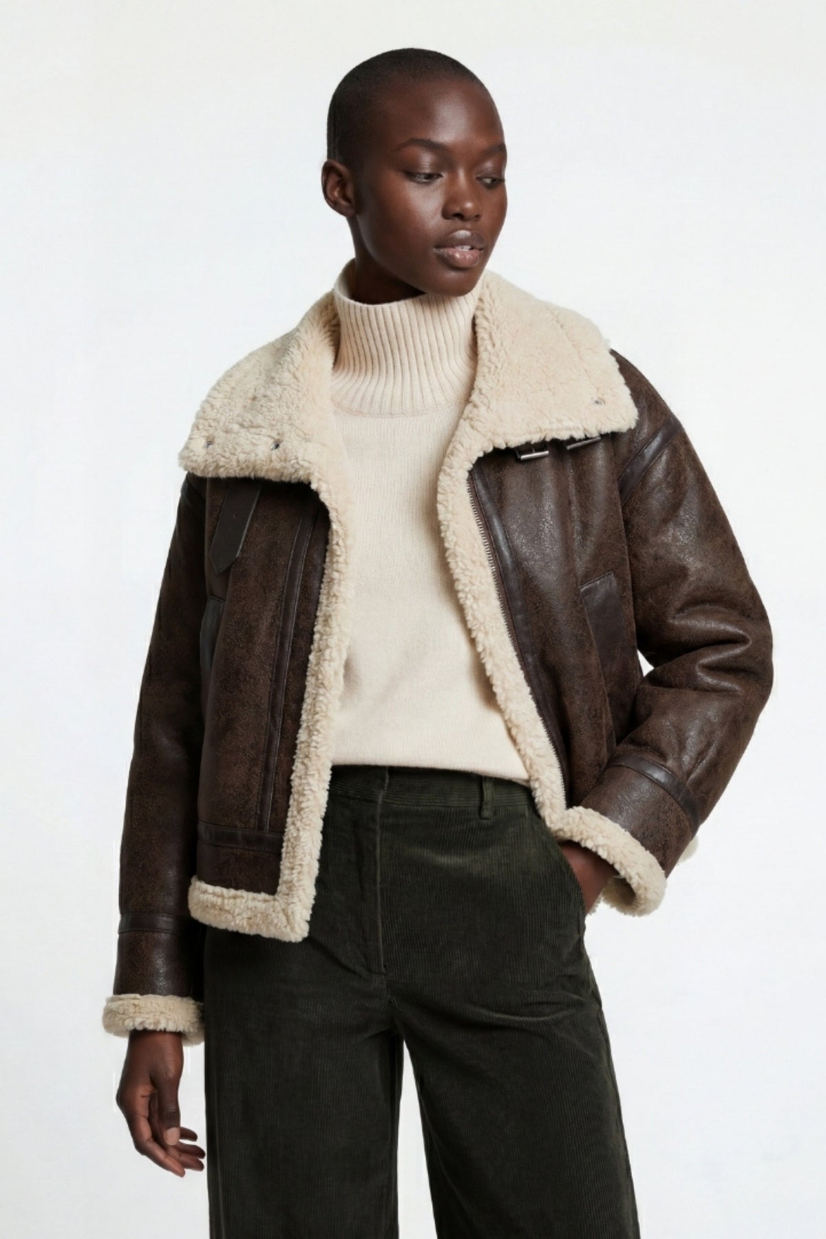 Elle Sydney Cropped Faux-Shearling Aviator Jacket Brown RRP £239