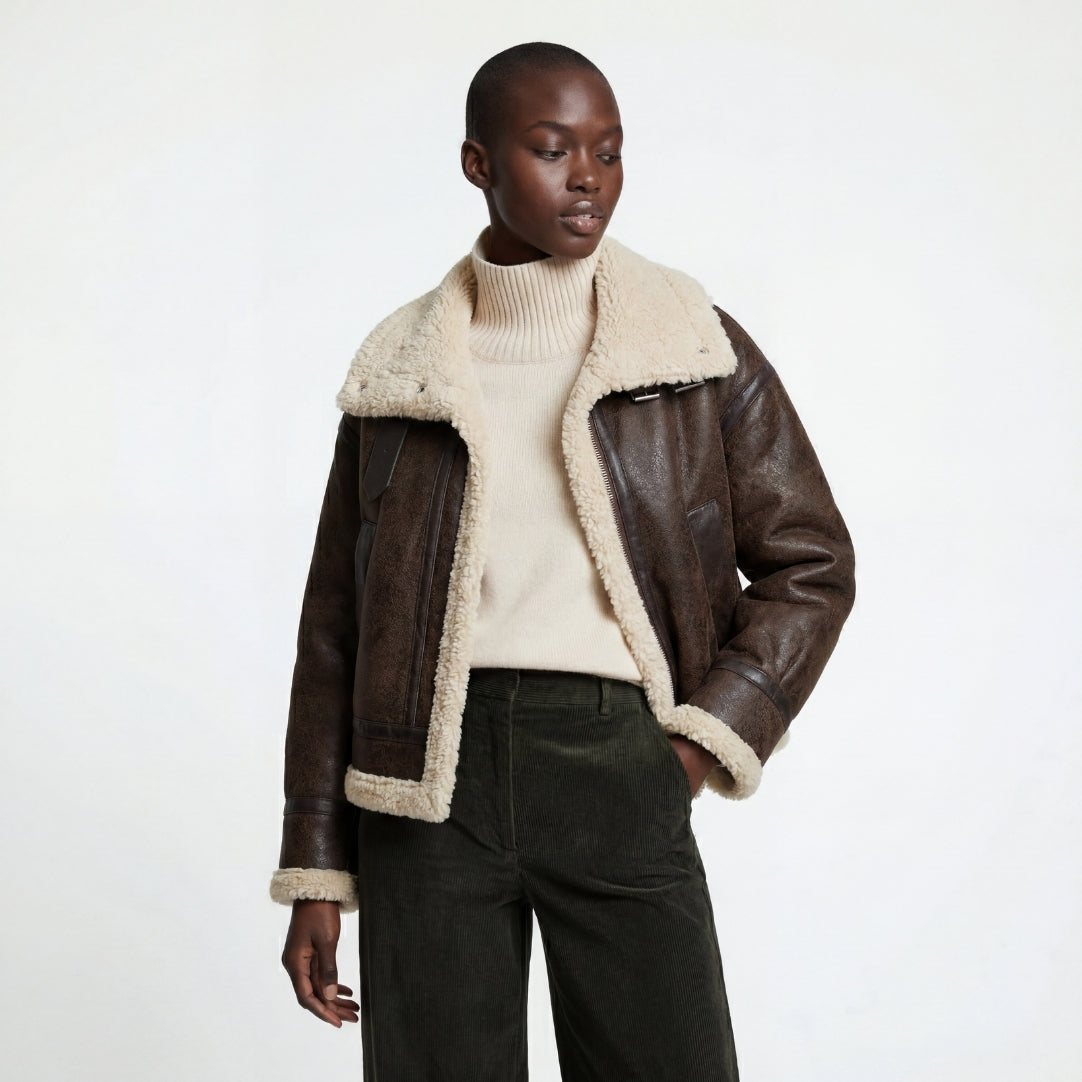 Elle Sydney Cropped Faux-Shearling Aviator Jacket Brown RRP £239