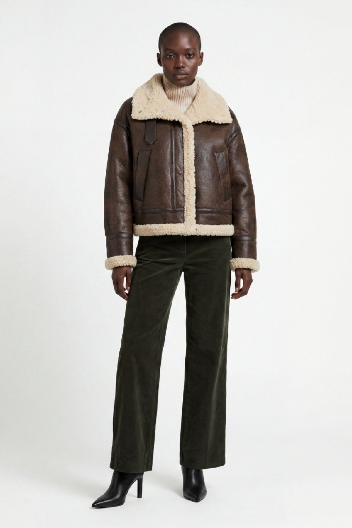 Elle Sydney Cropped Faux-Shearling Aviator Jacket Brown RRP £239