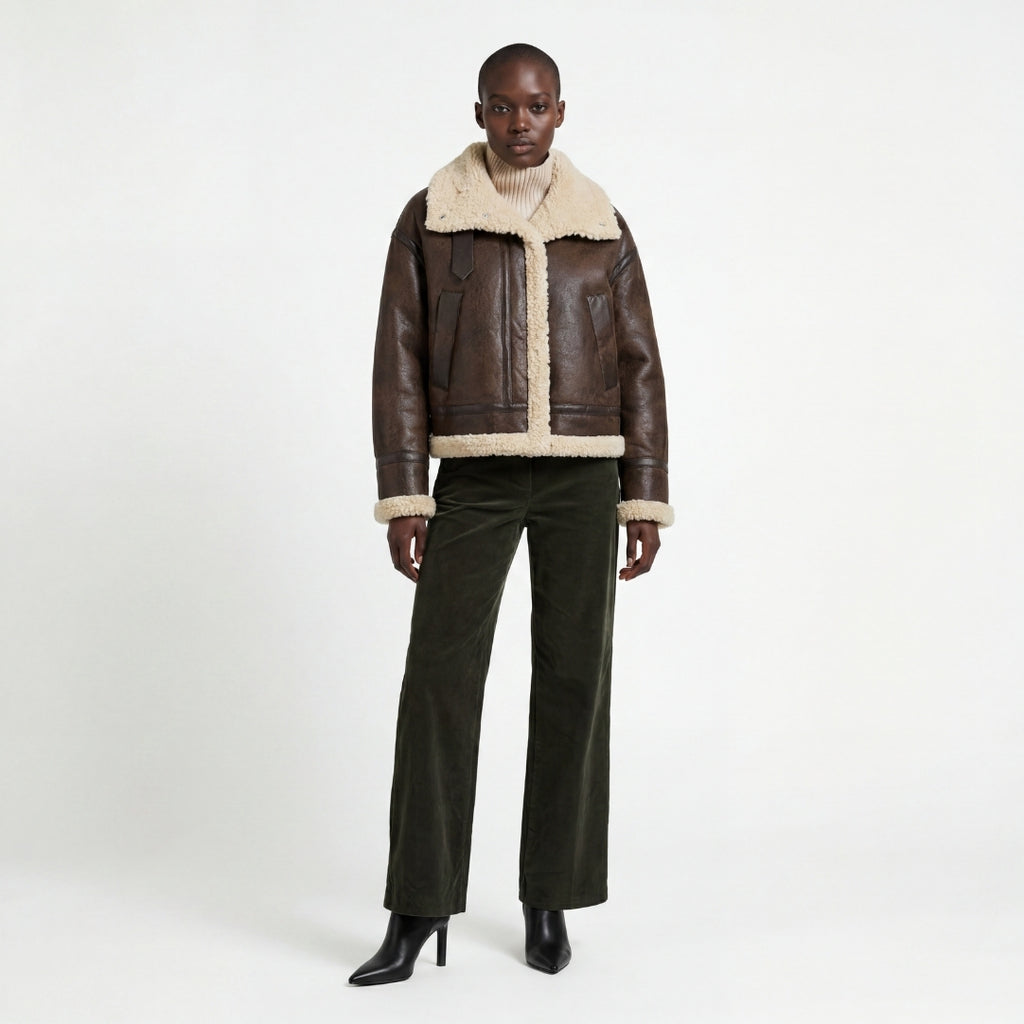 Elle Sydney Cropped Faux-Shearling Aviator Jacket Brown RRP £239
