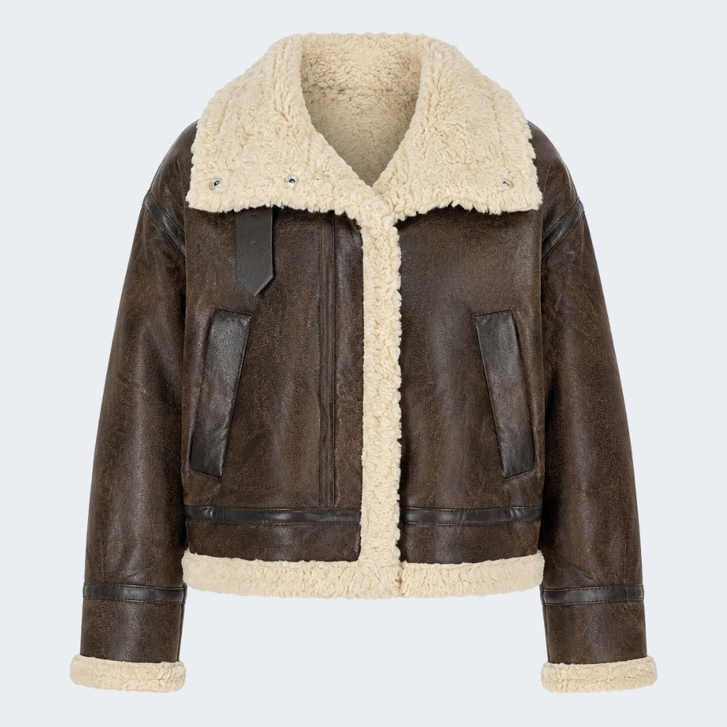 Elle Sydney Cropped Faux-Shearling Aviator Jacket Brown RRP £239