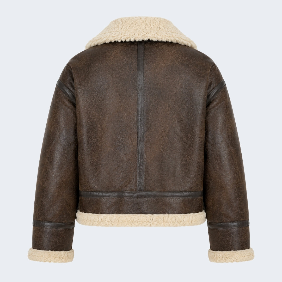 Elle Sydney Cropped Faux-Shearling Aviator Jacket Brown RRP £239